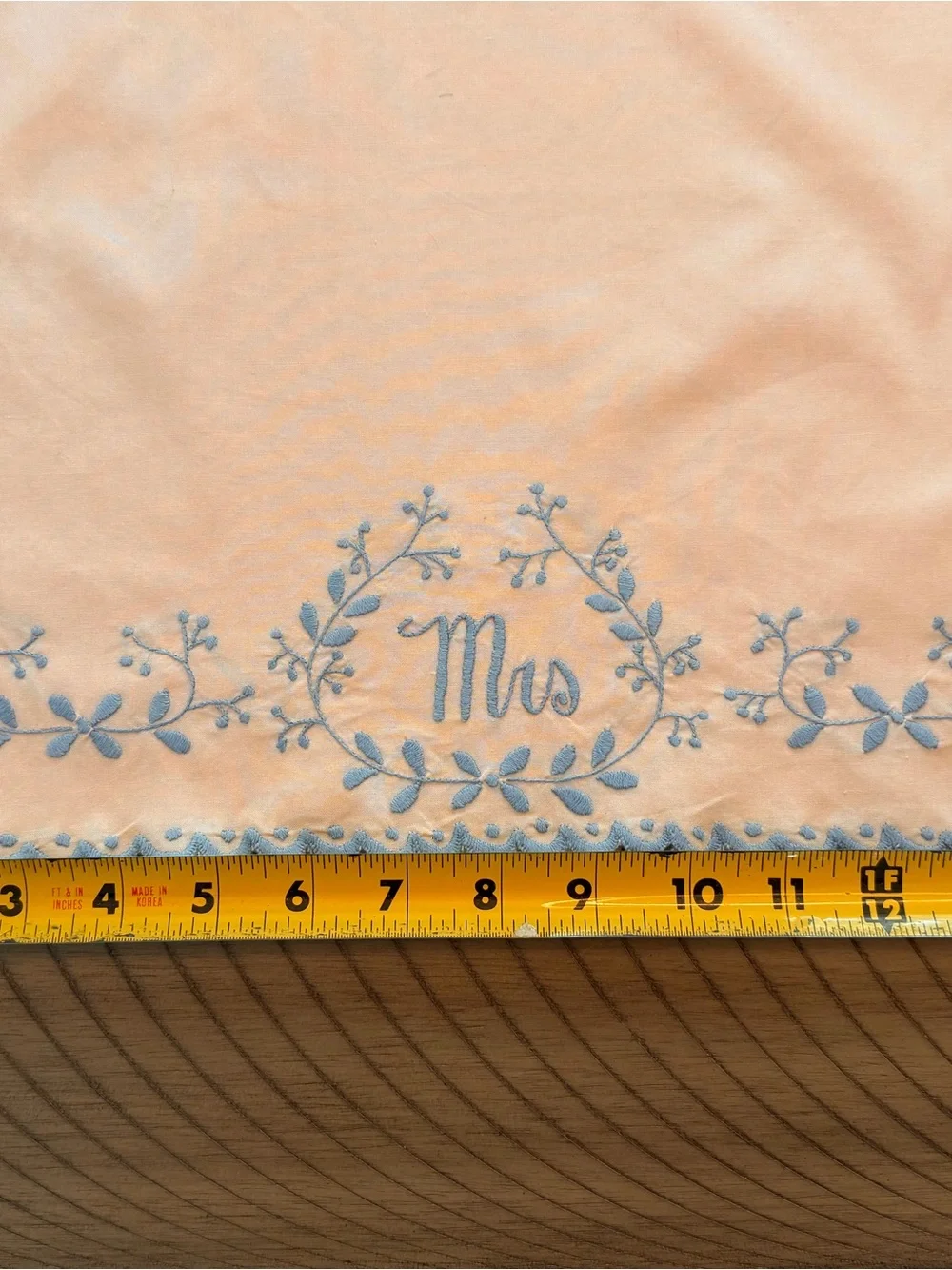 Vintage 1950’s Hand Embroidered Mr. & Mrs. Peach pillow Cases with Blue Trim